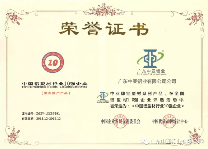 為“中國制造2025”加把勁！中亞鋁業(yè)榮獲“中國鋁型材行業(yè)10強企業(yè)”稱號(圖2)